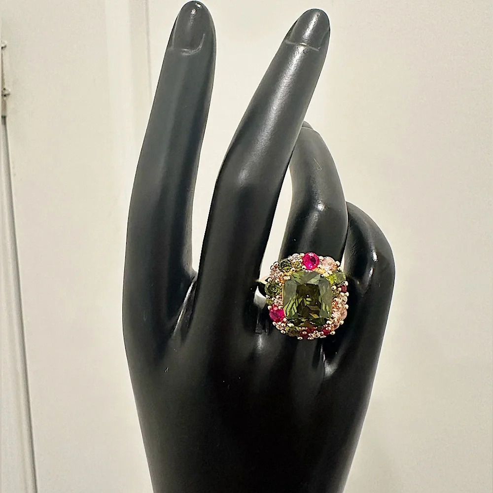 18k Gold Overlay Emerald inlaid rhinestone ring
